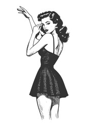 Fototapeta premium glamorous woman in a vintage dress, striking a confident and flirtatious pose inspired by pin-up art sketch engraving generative ai vector illustration. Scratch board imitation. Black and white image.