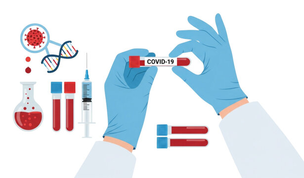 Scientist holding COVID-19 blood sample flat vector illustration for vaccine research