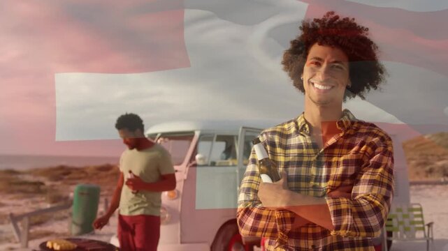 Animation of waving flag of netherlands over group of friend having fun on the beach