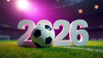 Soccer ball rests before bold &ldquo;2026&rdquo;&mdash;purple lights blaze, stadium glows, evoking World Cup anticipation, sport-core grandeur, and global celebration.

