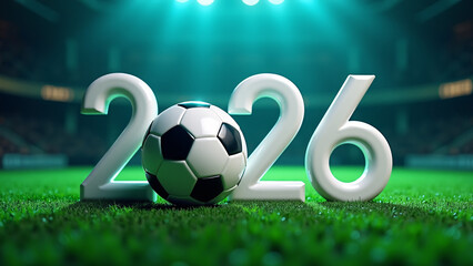 Soccer ball framed by bold white &ldquo;2026&rdquo;&mdash;stadium lights blaze, green turf glows, evoking World Cup anticipation, sport-core grandeur, and visual celebration.
