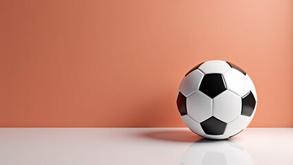 Soccer ball rests on glossy white floor&mdash;peach backdrop and soft reflection evoke sport-core elegance, minimalist clarity, and visual warmth.
