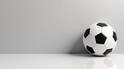 Soccer ball rests on glossy white floor&mdash;light gray wall and soft shadows evoke sport-core elegance, minimalist clarity, and visual stillness.
