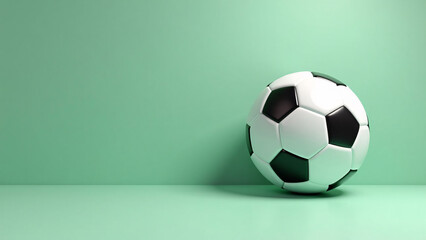 Soccer ball rests on pastel green floor&mdash;soft shadows and clean geometry evoke sport-core elegance, minimalist clarity, and visual serenity.
