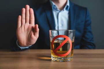 A business person rejects alcohol with a stop hand gesture and glass