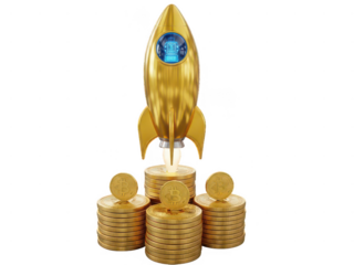 Golden rocket launching from coin stacks isolated on transparent background
