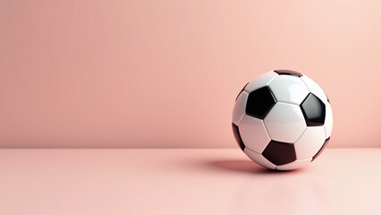 Soccer ball rests on pink floor&mdash;soft shadows and pastel contrast evoke sport-core elegance, minimalist clarity, and visual serenity.
