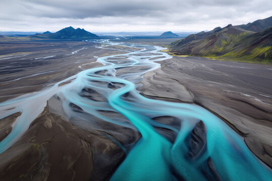 Aerial view of landscape on the site of a melted glacier.