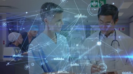 Animation of network of connections with data processing and light trails over diverse doctors - Powered by Adobe