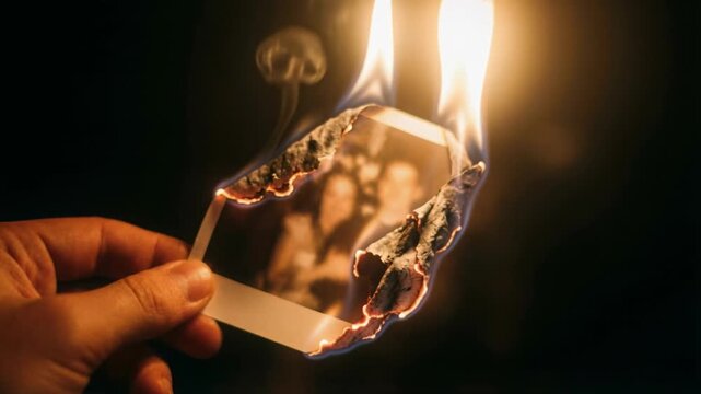 Close-up of a hand holding a burning instant photograph against a black background. Flames consuming a picture and turning it to ash. Concept of destroying memories, breakup, divorce, and loss