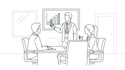 Business meeting with charts and graphs presented in a modern office space.