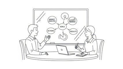 Business meeting: people discussing strategy and goals at table with laptop and whiteboard