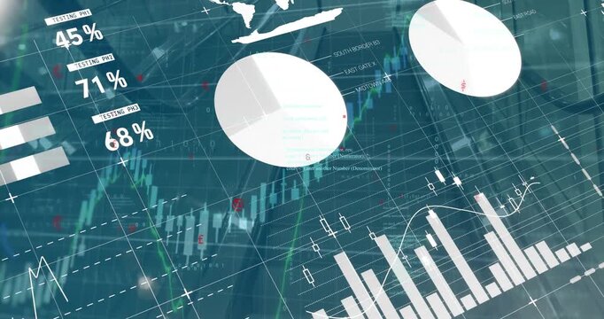 Digital animation of various charts moving over grid pattern and programming language