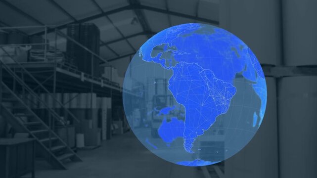 Animation of blue globe zooming against warehouse interior