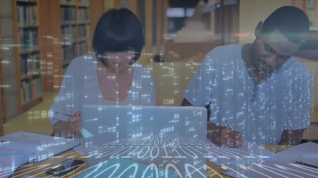 Digital video showcases data processing and student computer use in a global finance context.