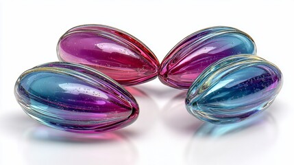 Four iridescent, teardrop-shaped objects, with pink and blue hues, reflecting light