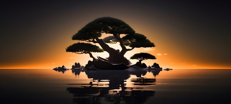 silhouette of banyan bonsai ,generative AI