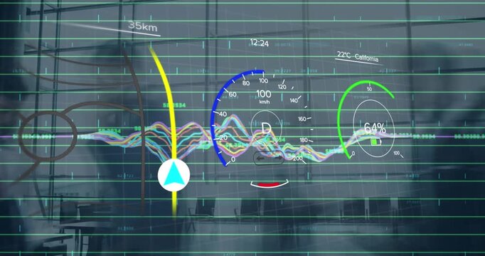 Animation of infographic interface with multicolored graphs over time-lapse of people walking