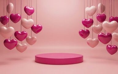 Fototapeta premium Pink hearts floating above a round platform
