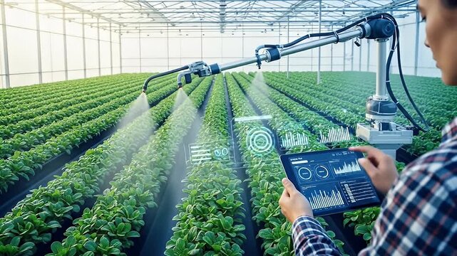 Automated Greenhouse Farming with Robotic Arm and Tablet Control.
