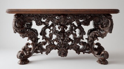Intricately carved wooden table, antique style, ornate design, brown hue, isolated white background