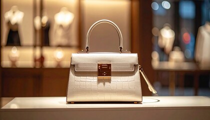 Elegant white purse with handle on display in luxury store, soft focus background