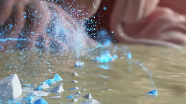 A paracetamol molecule dissolving inside the stomach, tablet surface breaking into fine glowing particles that disperse upward through warm gastric fluid. Soft waves of acid move around the fragments