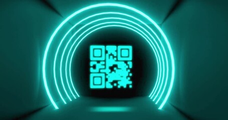 Animation of flickering qr code over circle neon lights - Powered by Adobe