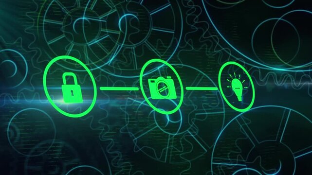 Animation of icons and clogs over dark background