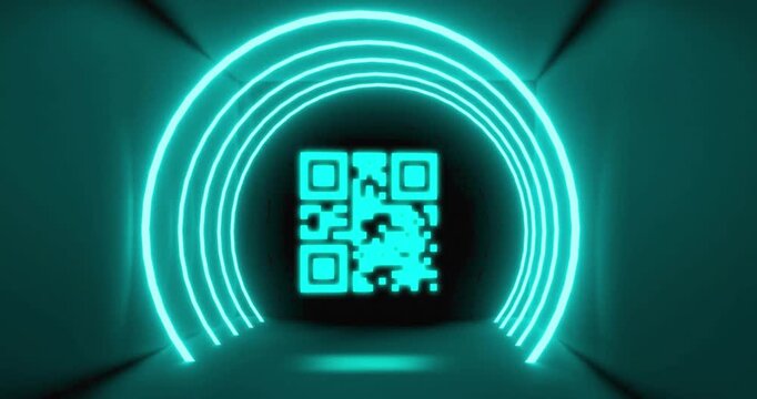Animation of flickering qr code over circle neon lights