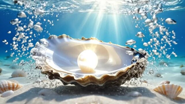 A beautiful pearl sits inside an open shell on the ocean floor.