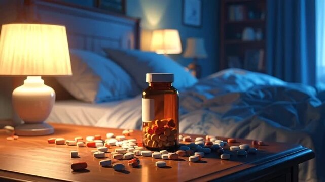 Pills scattered on a bedside table next to a bed in a bedroom.