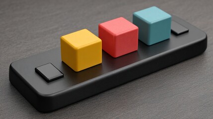 Three colorful blocks on a sleek black rectangular base, positioned on a textured surface