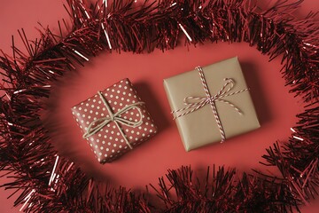 christmas gifts wrapped in festive paper and ribbon on red background