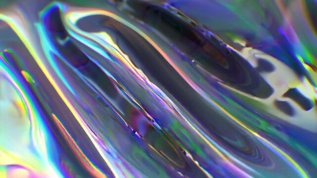 Cinematic 4K stock video flowing chrome metallic ribbons, 3D dynamic motion, thin-film interference iridescent colors, glossy reflective metallic surfaces, twisting swirling organically cinematic