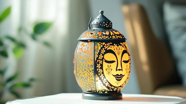 A candle lantern with a serene face design is the focal point of this peaceful setting.