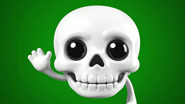 Playful Emojo Skull Character Waves on Green Background.