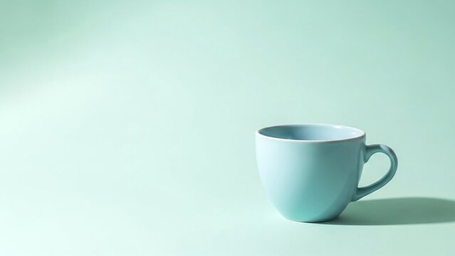 Empty light blue coffee cup on mint green background with shadow simple still life setup for beverage or morning routine concepts