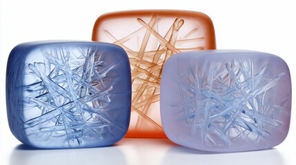 Three frosted, square blocks with rounded corners, each with intersecting internal structures