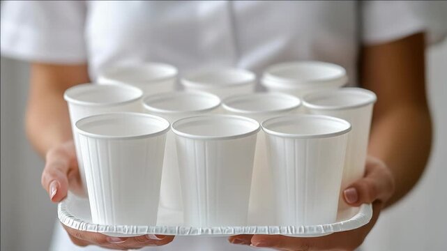 A woman is holding a tray with many white plastic cups. The cups are arranged in a row and are all the same size