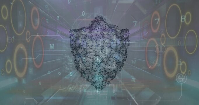 Animation of cyber security data processing and security padlock against tunnel in seamless pattern