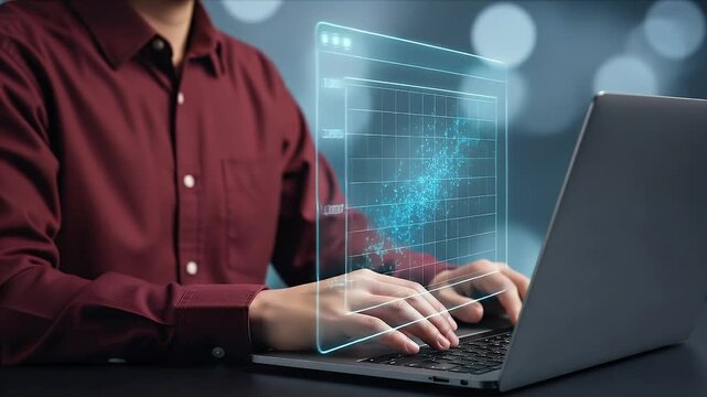 Regression analysis. Linear regression chart. Predicting trends with historical business data. Businessperson using laptop computer to make data-driven decisions.
