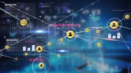 Animation of network of digital icons over interface with data processing against blue background - Powered by Adobe