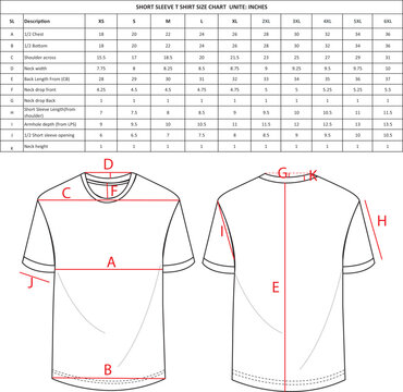 T shirt size chart, t shirt vector mock up, t shirt flat sketch