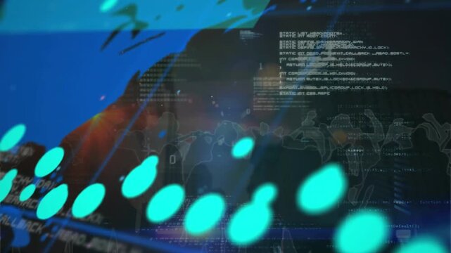 Animation of world map and data processing over light spot against silhouette of people dancing