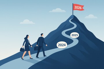 Ascent to 2026: Two figures embark on a strategic climb towards their ultimate ambition, symbolized by the flag atop the mountain in 2026, navigating a clear path for future.
