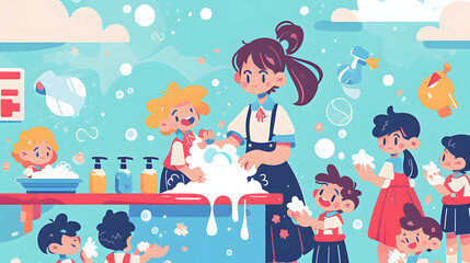 Fototapeta premium chibi teacher showing kids proper handwashing flat illustration