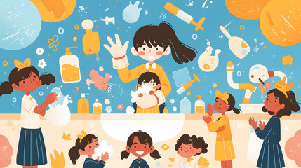 Naklejka premium chibi teacher showing kids proper handwashing flat illustration