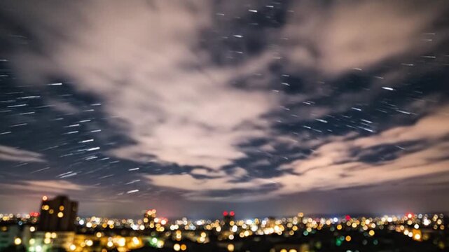 Night Sky Motion Over City with Moving Clouds 4K