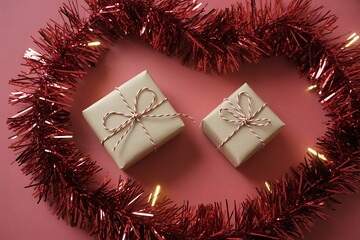 Red tinsel heart framing two wrapped gifts on a pink background